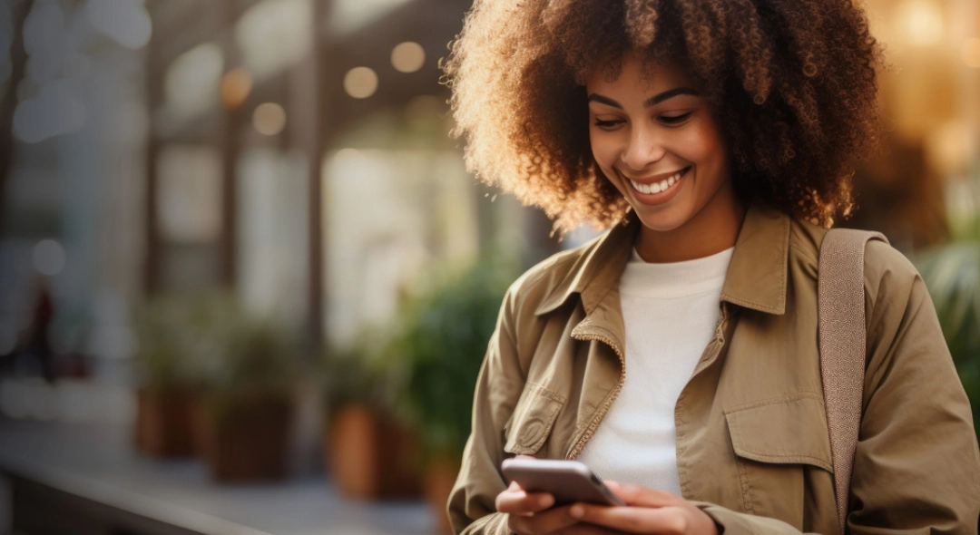 This is an image of a young lady looking at her cell phone with the sun shining on her.