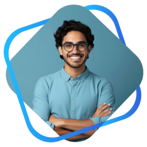 This is an image of a young man inside of a blue square with a blue line.