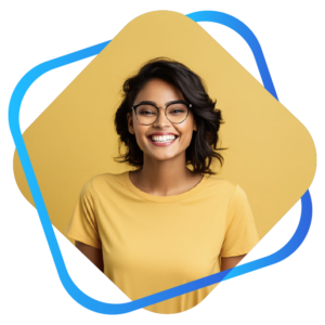 This is an image of a young woman inside of a yellow square with a blue line.